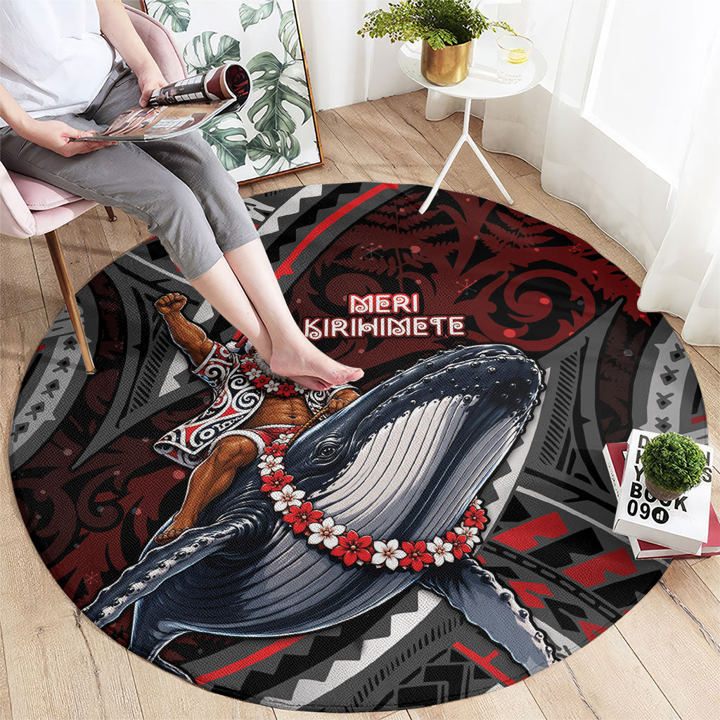 Aotearoa Christmas Round Carpet Santa Riding Humpback Whale Maori Koru