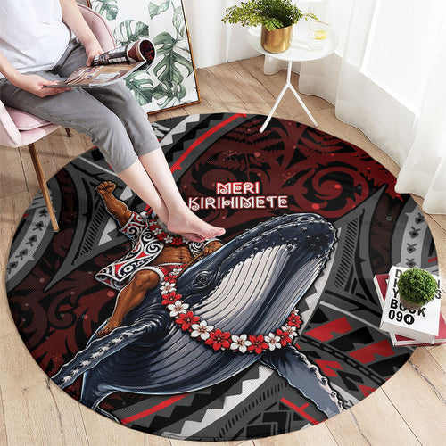 Aotearoa Christmas Round Carpet Santa Riding Humpback Whale Maori Koru