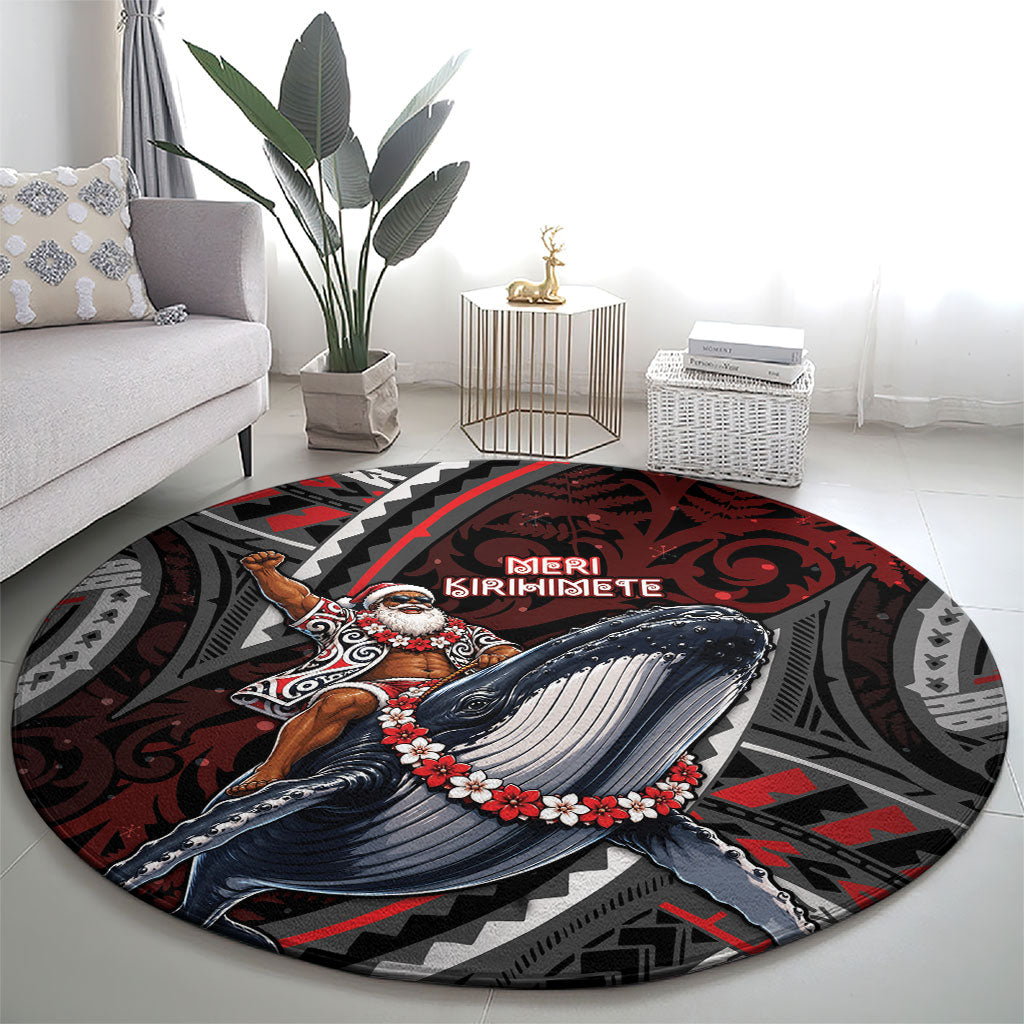 Aotearoa Christmas Round Carpet Santa Riding Humpback Whale Maori Koru