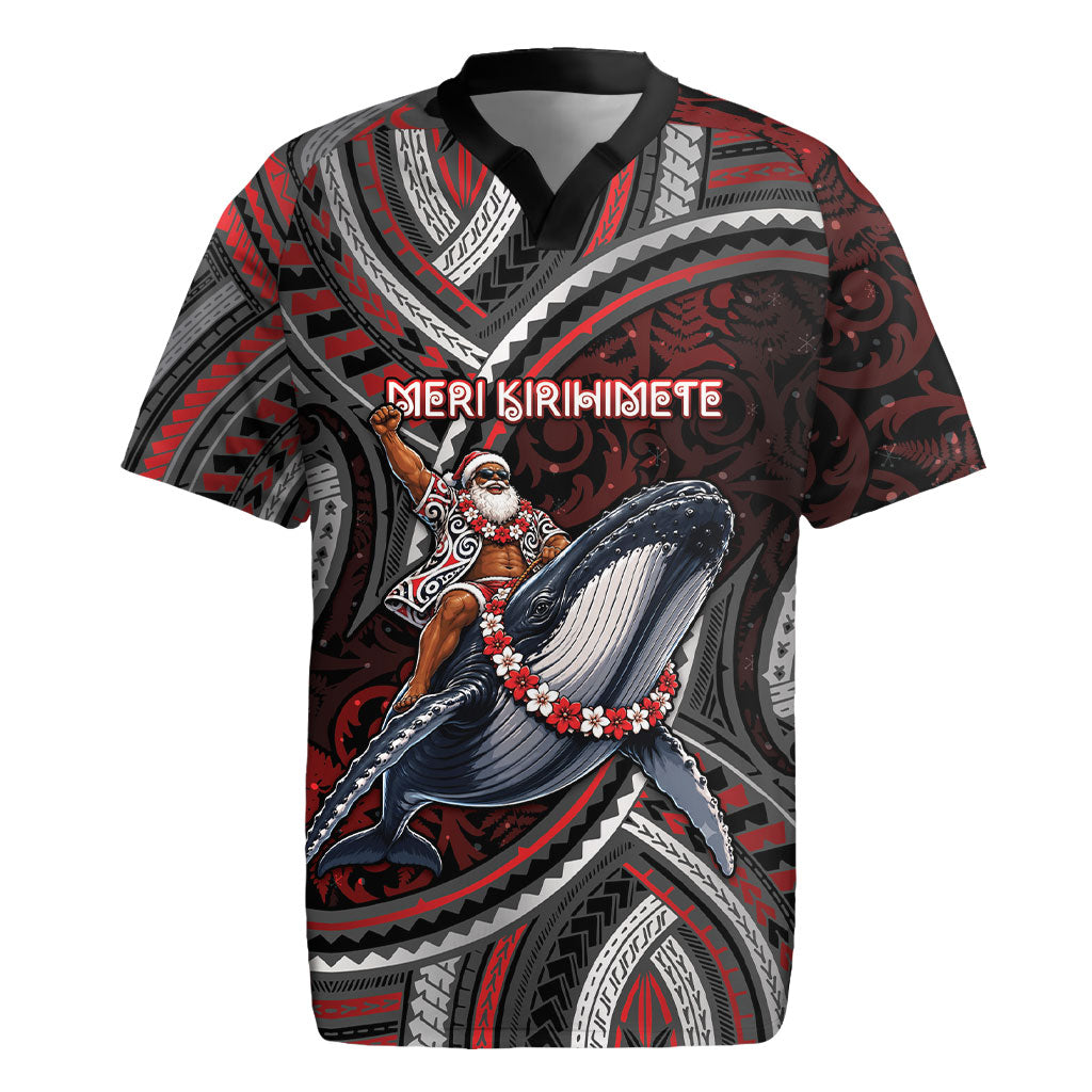 Aotearoa Christmas Rugby Jersey Santa Riding Humpback Whale Maori Koru