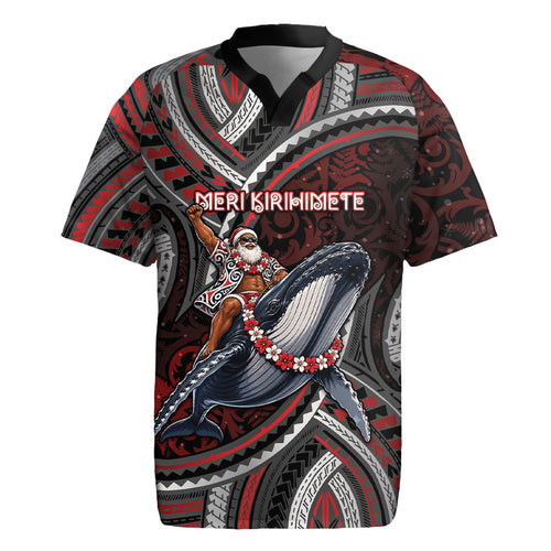 Aotearoa Christmas Rugby Jersey Santa Riding Humpback Whale Maori Koru