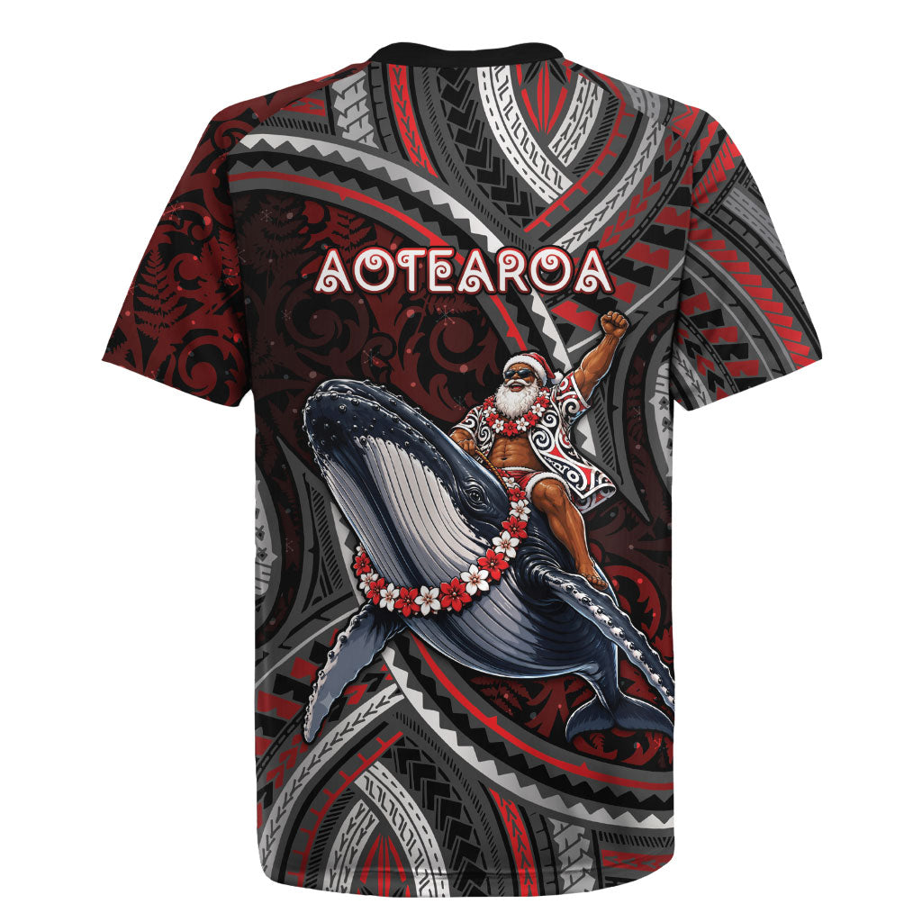 Aotearoa Christmas Rugby Jersey Santa Riding Humpback Whale Maori Koru