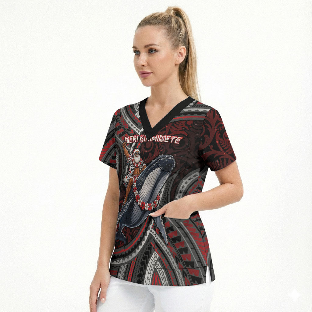 Aotearoa Christmas Scrub Top Santa Riding Humpback Whale Maori Koru