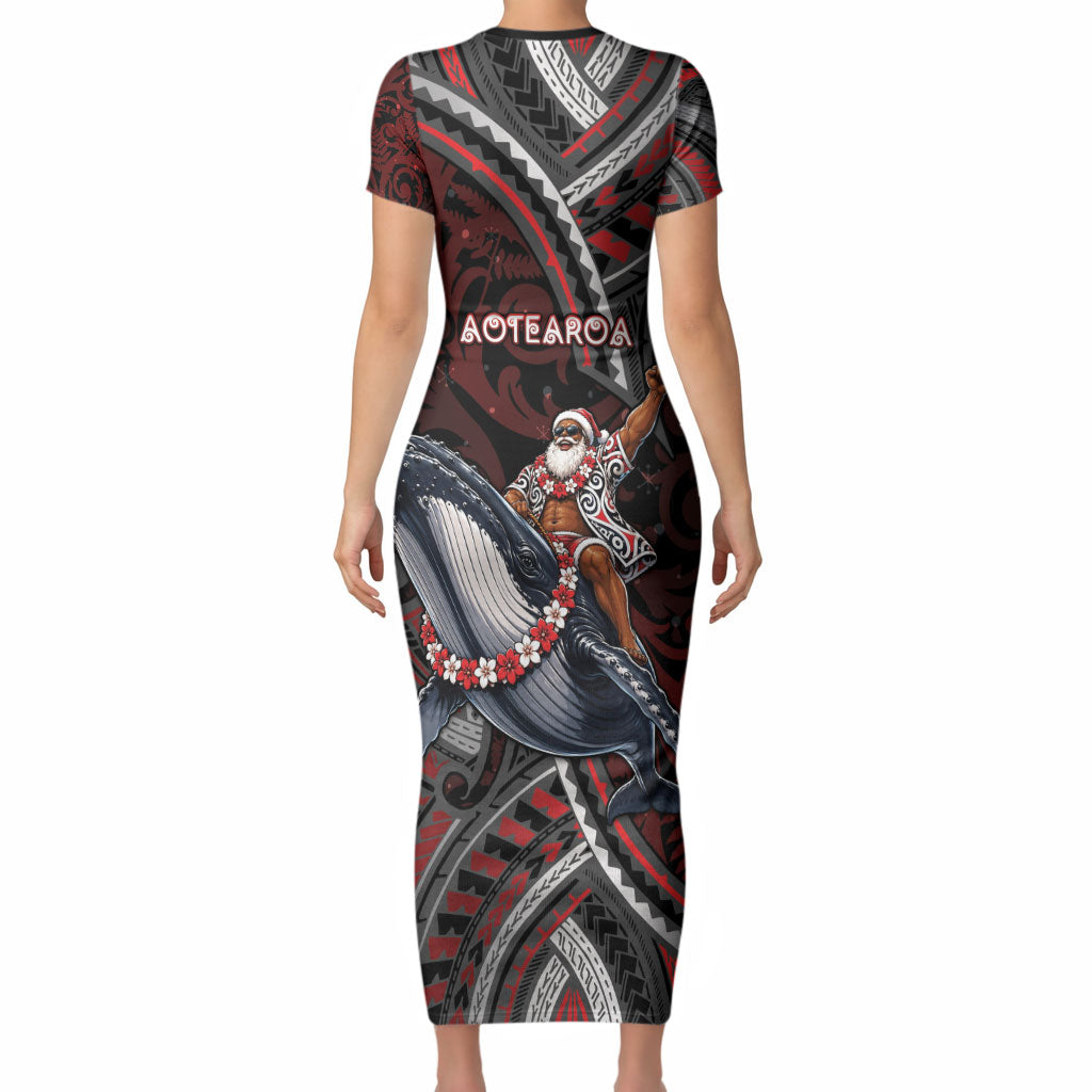 Aotearoa Christmas Short Sleeve Bodycon Dress Santa Riding Humpback Whale Maori Koru