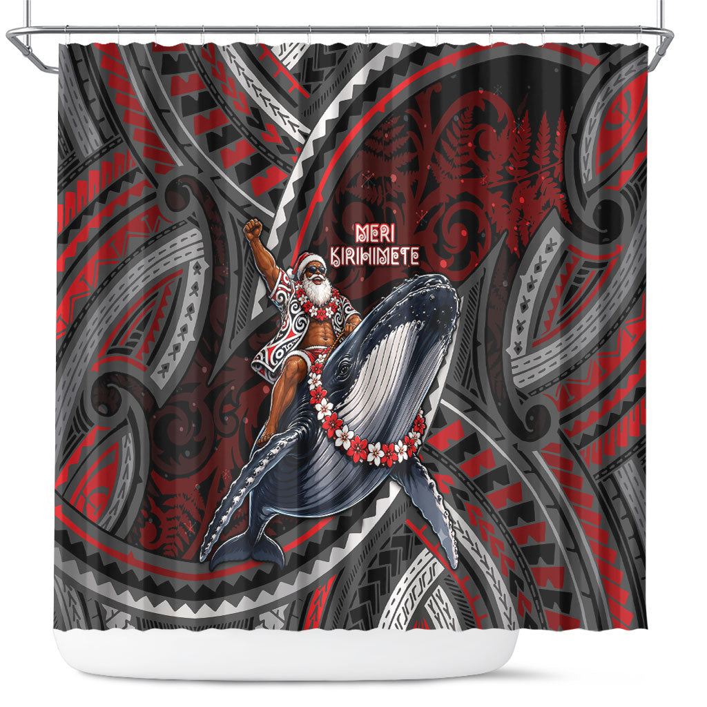 Aotearoa Christmas Shower Curtain Santa Riding Humpback Whale Maori Koru