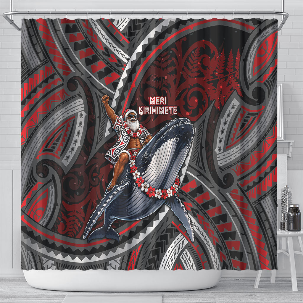 Aotearoa Christmas Shower Curtain Santa Riding Humpback Whale Maori Koru