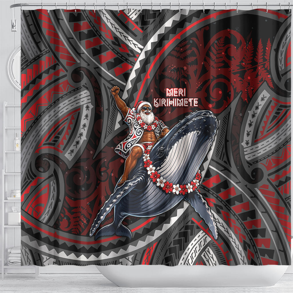 Aotearoa Christmas Shower Curtain Santa Riding Humpback Whale Maori Koru