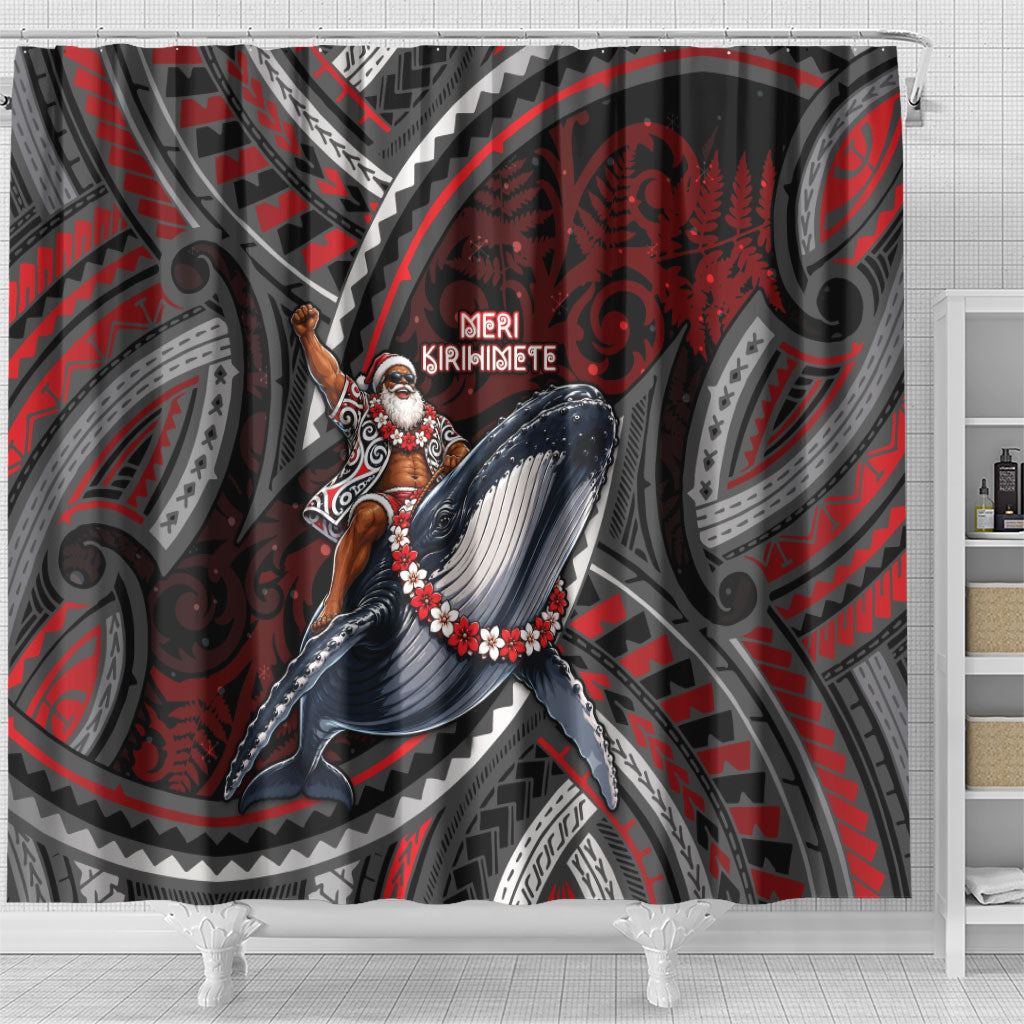 Aotearoa Christmas Shower Curtain Santa Riding Humpback Whale Maori Koru