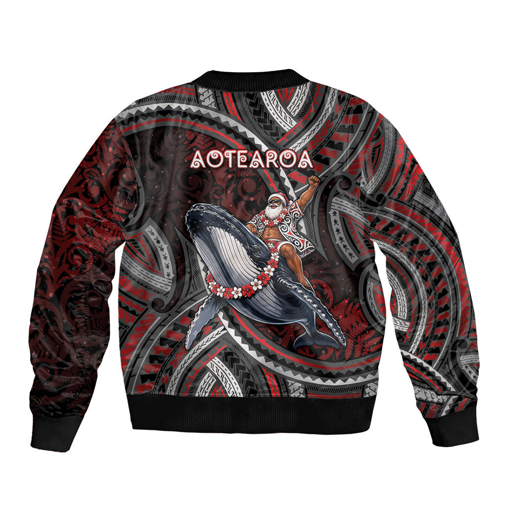 Aotearoa Christmas Sleeve Zip Bomber Jacket Santa Riding Humpback Whale Maori Koru