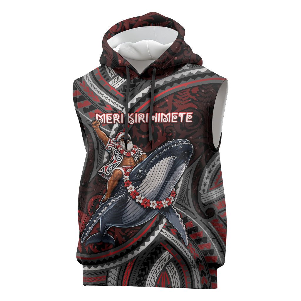 Aotearoa Christmas Sleeveless Hoodie Santa Riding Humpback Whale Maori Koru