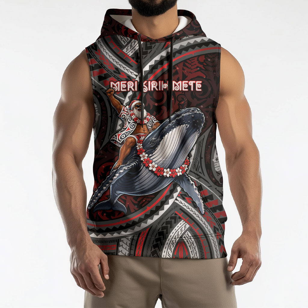 Aotearoa Christmas Sleeveless Hoodie Santa Riding Humpback Whale Maori Koru