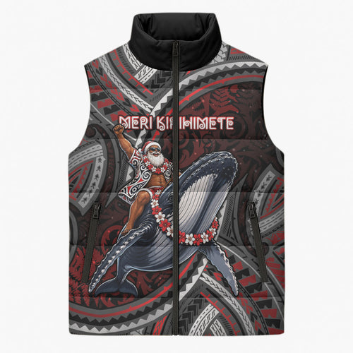 Aotearoa Christmas Sleeveless Puffer Jacket Santa Riding Humpback Whale Maori Koru