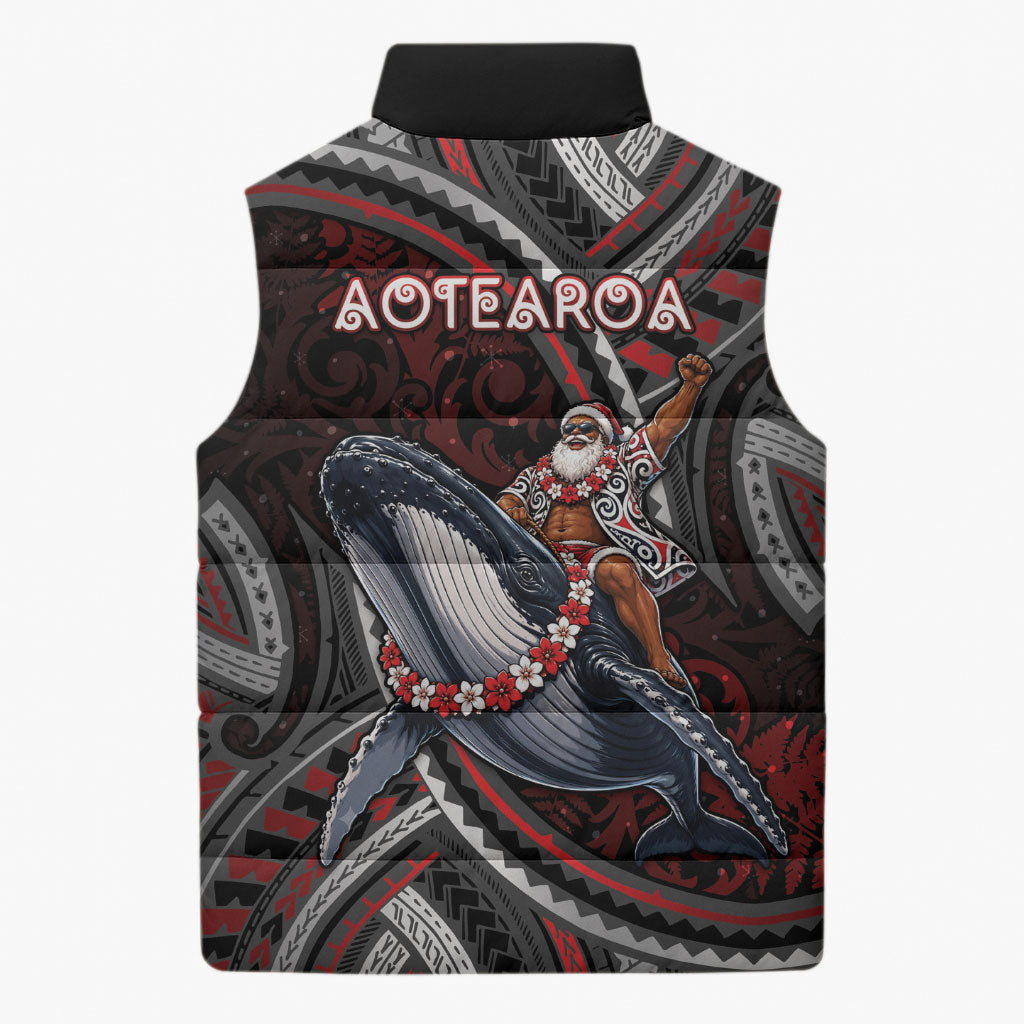 Aotearoa Christmas Sleeveless Puffer Jacket Santa Riding Humpback Whale Maori Koru