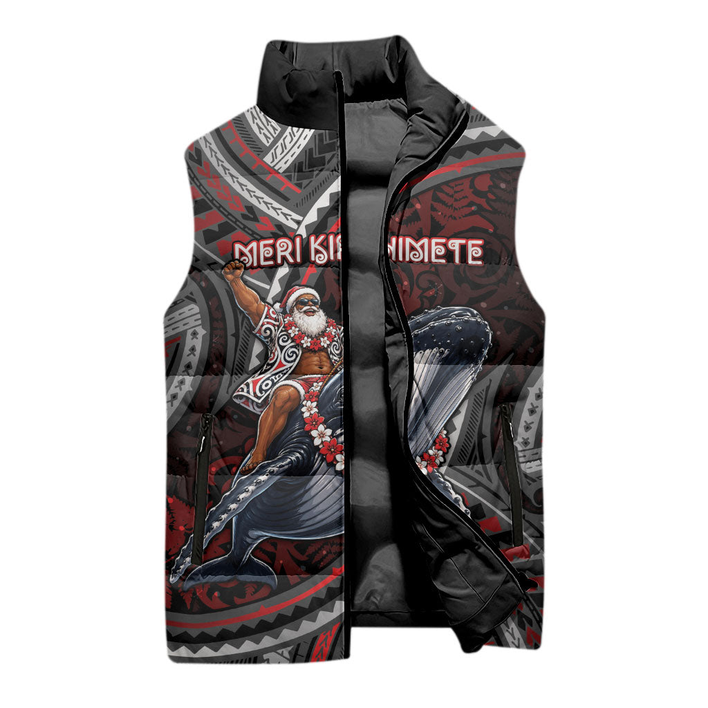 Aotearoa Christmas Sleeveless Puffer Jacket Santa Riding Humpback Whale Maori Koru