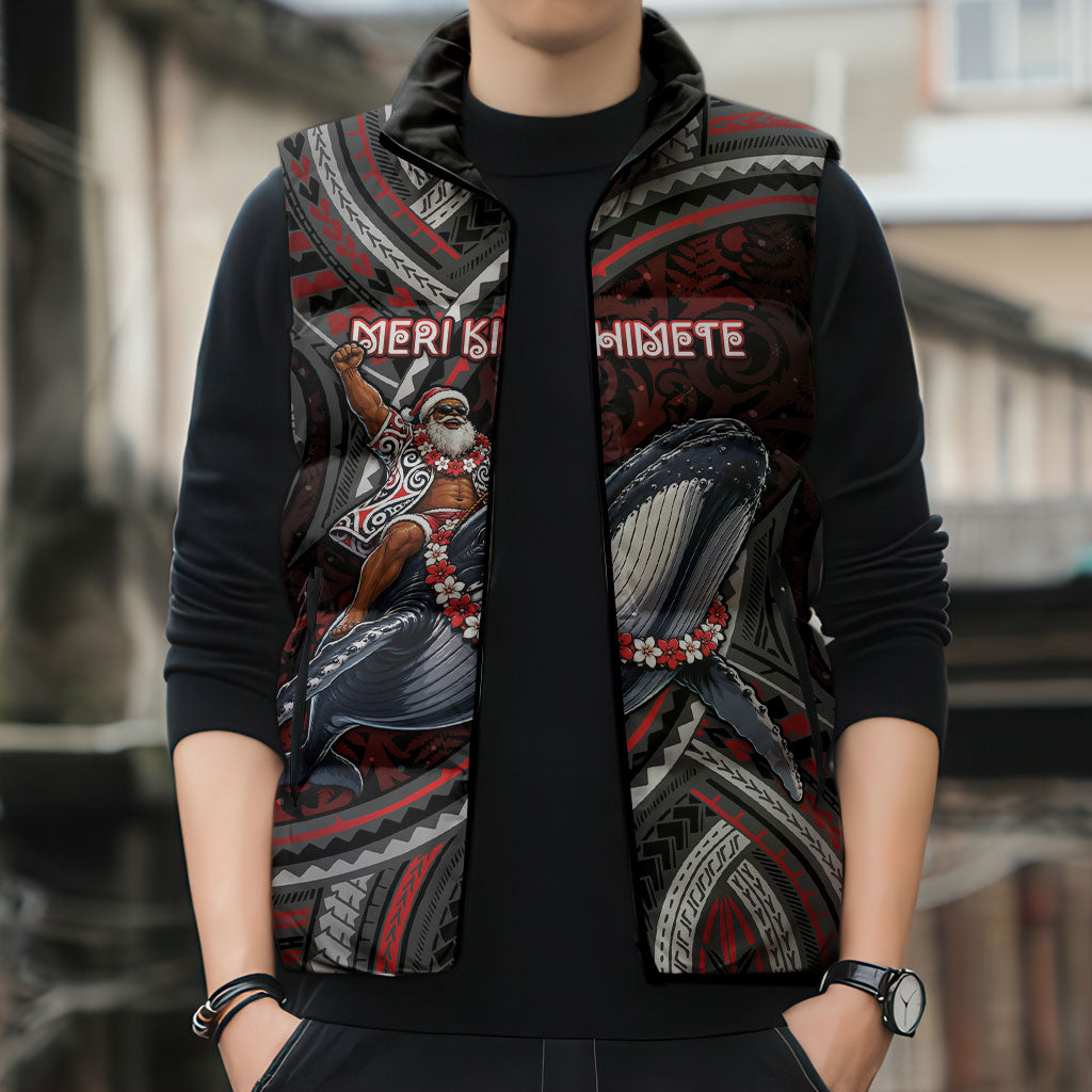Aotearoa Christmas Sleeveless Puffer Jacket Santa Riding Humpback Whale Maori Koru