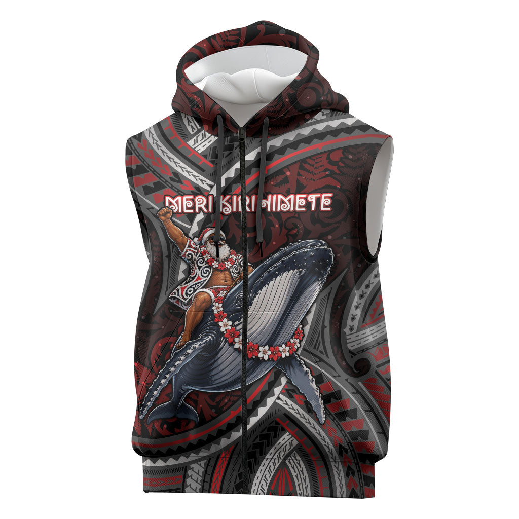 Aotearoa Christmas Sleeveless Zip Hoodie Santa Riding Humpback Whale Maori Koru