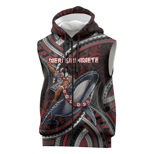 Aotearoa Christmas Sleeveless Zip Hoodie Santa Riding Humpback Whale Maori Koru