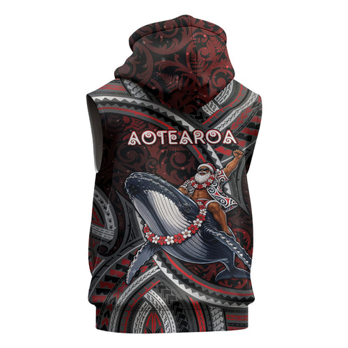 Aotearoa Christmas Sleeveless Zip Hoodie Santa Riding Humpback Whale Maori Koru