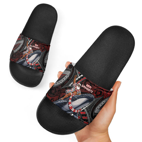 Aotearoa Christmas Slide Sandals Santa Riding Humpback Whale Maori Koru