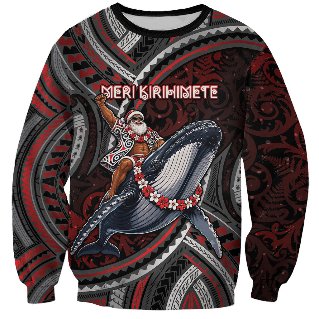 Aotearoa Christmas Sweatshirt Santa Riding Humpback Whale Maori Koru