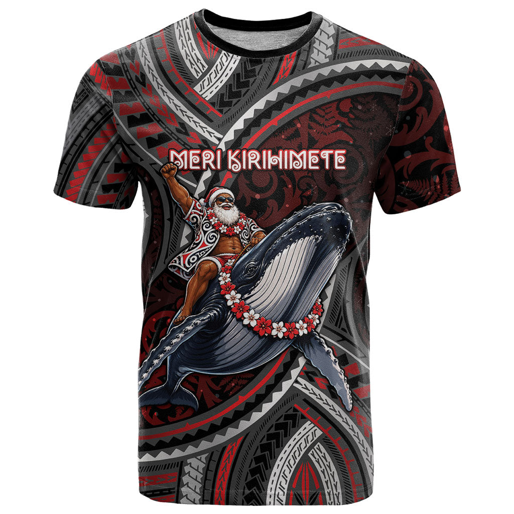 Aotearoa Christmas T Shirt Santa Riding Humpback Whale Maori Koru