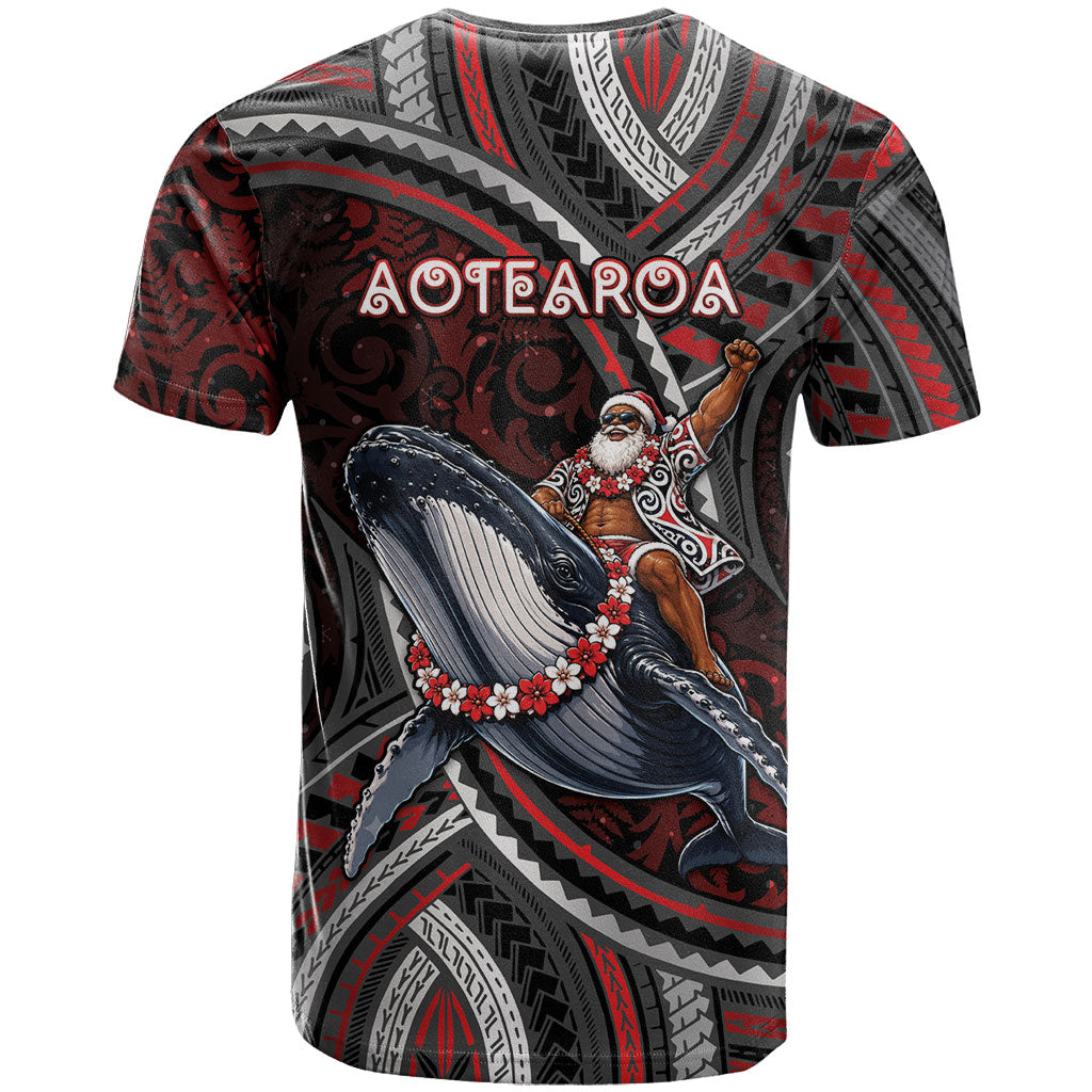 Aotearoa Christmas T Shirt Santa Riding Humpback Whale Maori Koru
