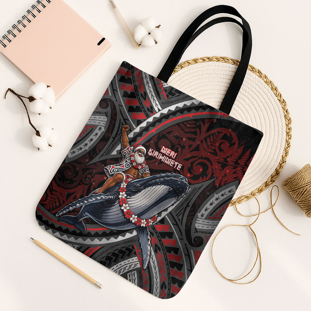 Aotearoa Christmas Tote Bag Santa Riding Humpback Whale Maori Koru