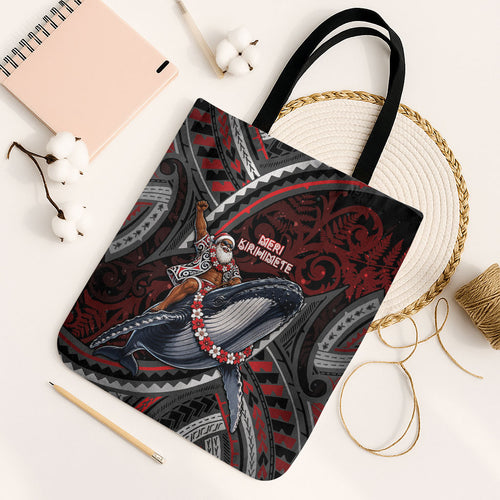 Aotearoa Christmas Tote Bag Santa Riding Humpback Whale Maori Koru