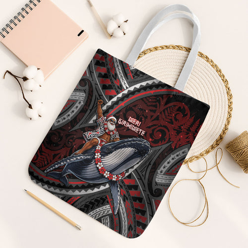 Aotearoa Christmas Tote Bag Santa Riding Humpback Whale Maori Koru