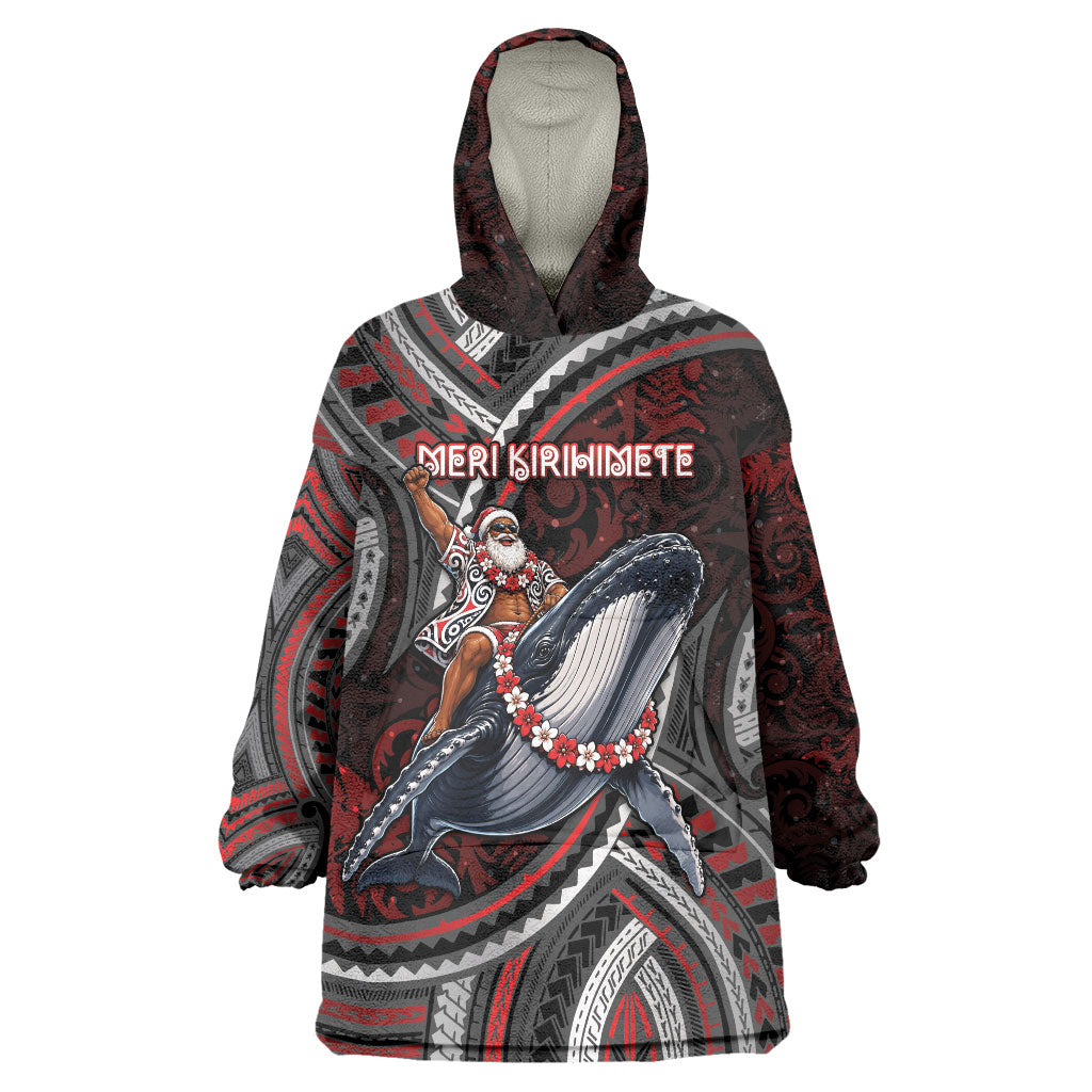 Aotearoa Christmas Wearable Blanket Hoodie Santa Riding Humpback Whale Maori Koru