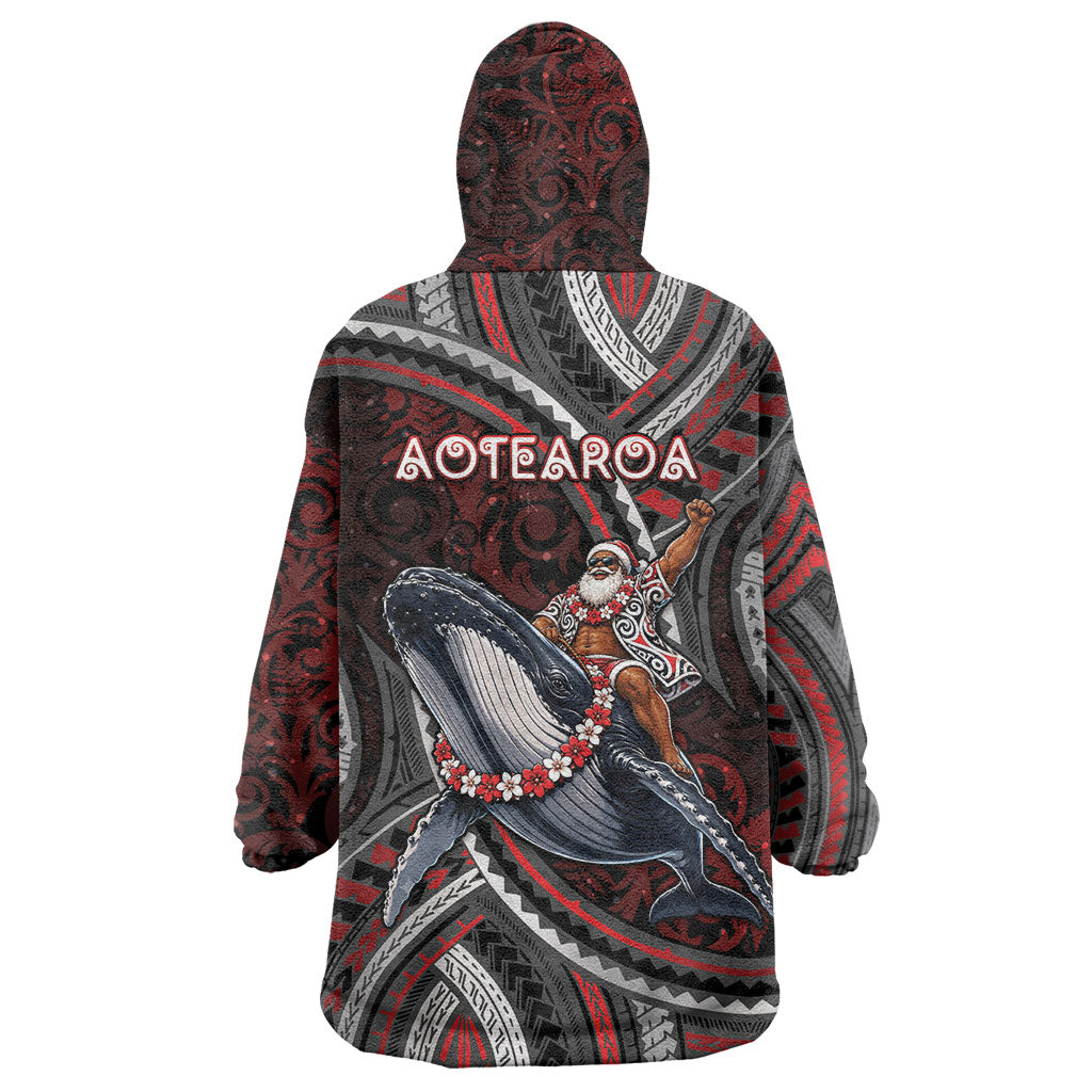 Aotearoa Christmas Wearable Blanket Hoodie Santa Riding Humpback Whale Maori Koru