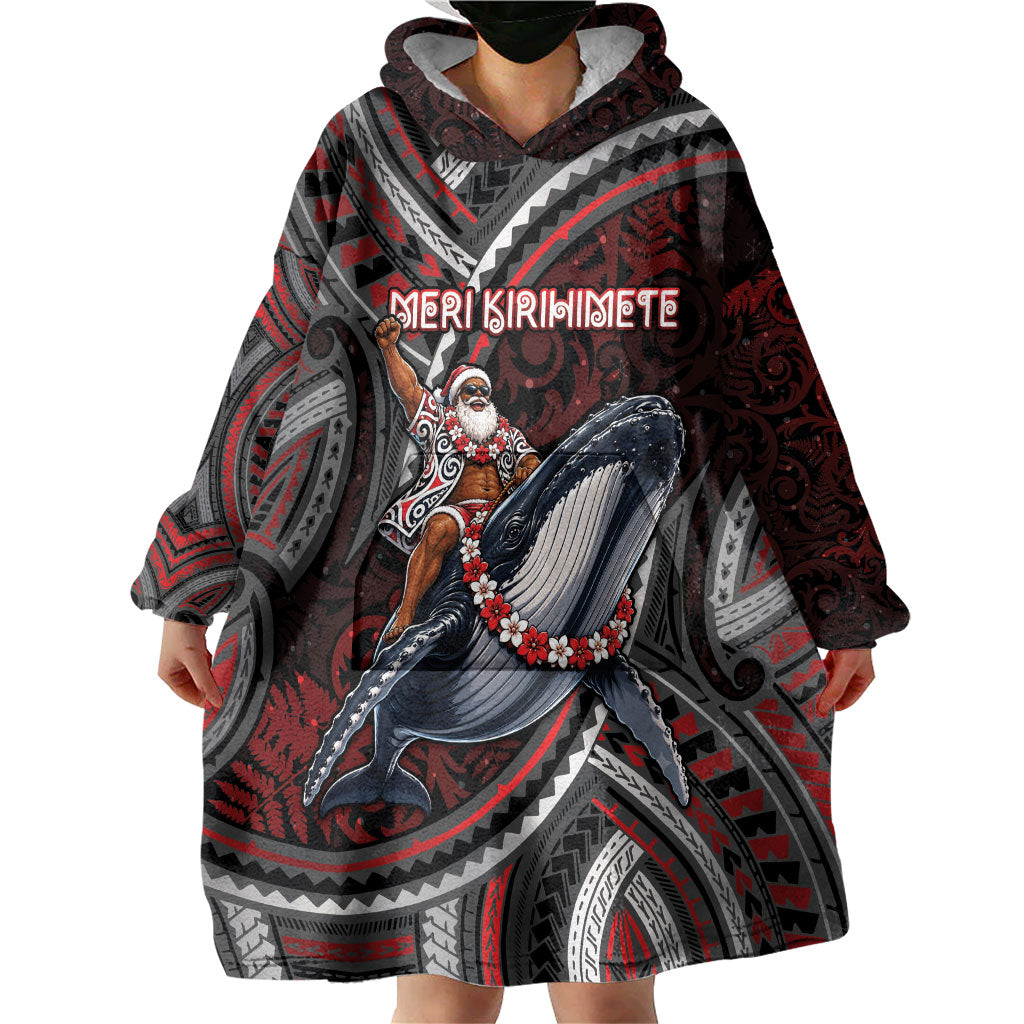 Aotearoa Christmas Wearable Blanket Hoodie Santa Riding Humpback Whale Maori Koru