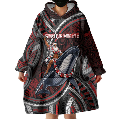 Aotearoa Christmas Wearable Blanket Hoodie Santa Riding Humpback Whale Maori Koru