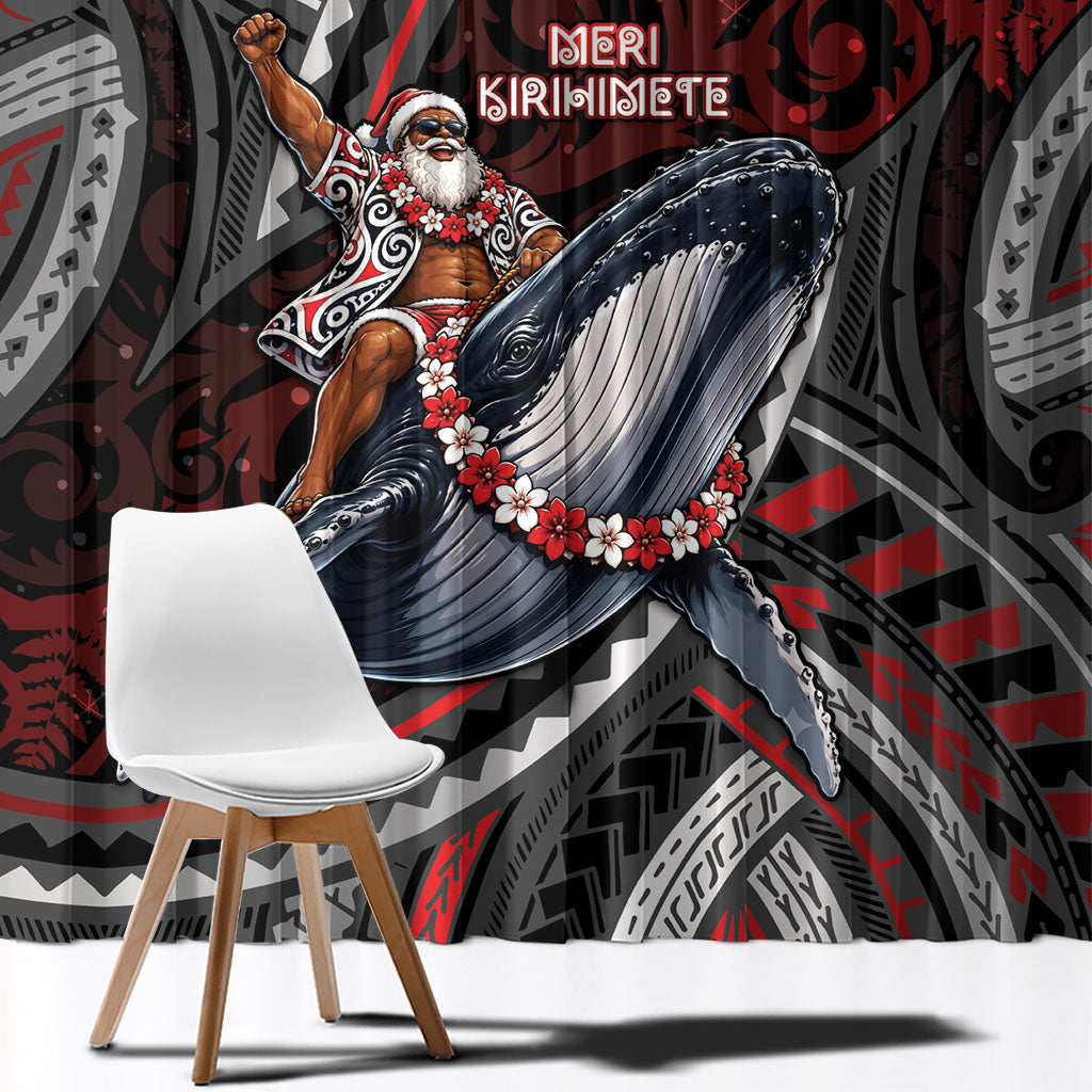 Aotearoa Christmas Window Curtain Santa Riding Humpback Whale Maori Koru