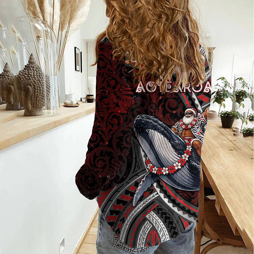 Aotearoa Christmas Women Casual Shirt Santa Riding Humpback Whale Maori Koru