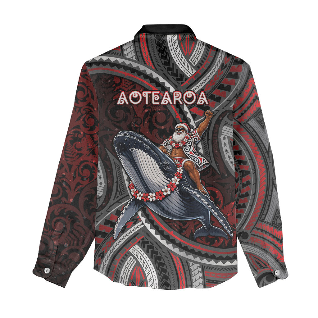 Aotearoa Christmas Women Casual Shirt Santa Riding Humpback Whale Maori Koru