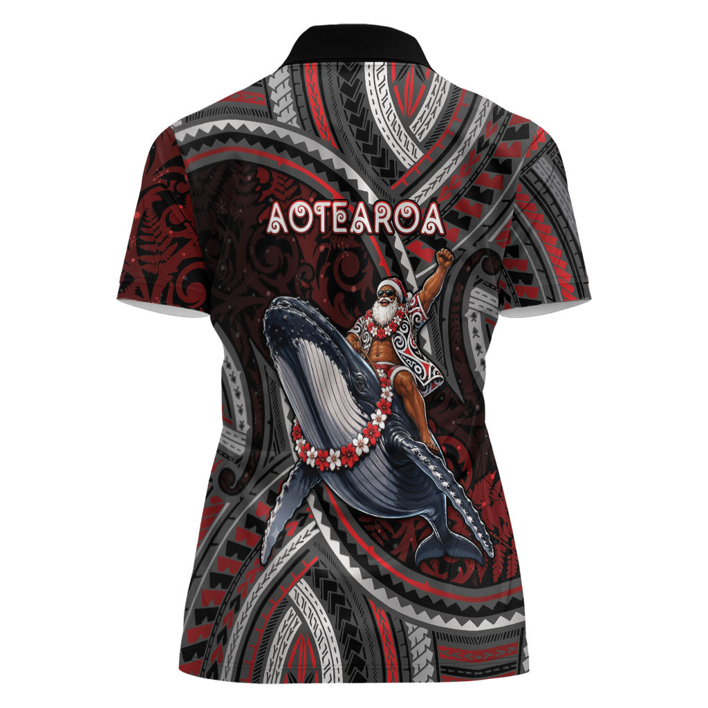 Aotearoa Christmas Women Polo Shirt Santa Riding Humpback Whale Maori Koru