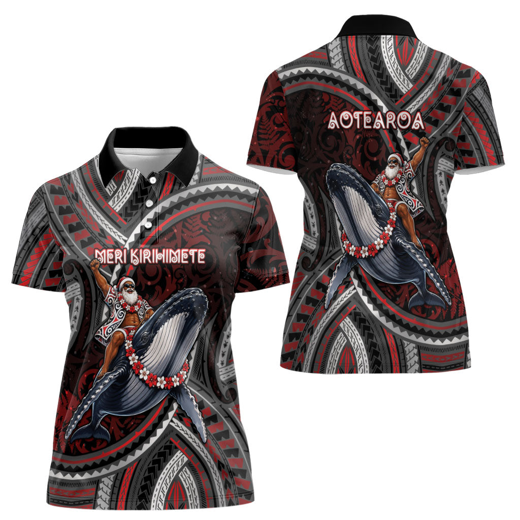 Aotearoa Christmas Women Polo Shirt Santa Riding Humpback Whale Maori Koru