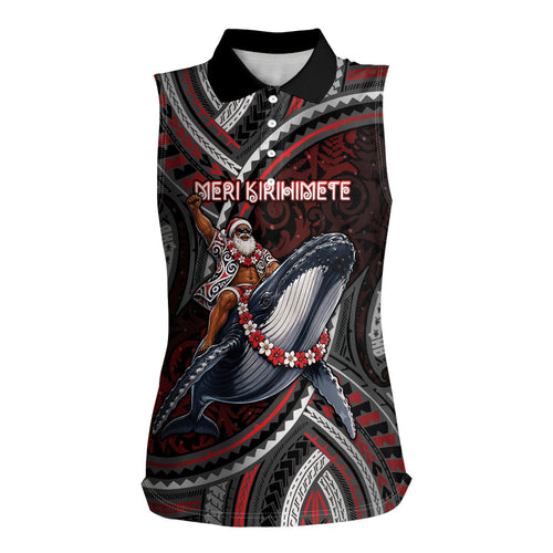 Aotearoa Christmas Women Sleeveless Polo Shirt Santa Riding Humpback Whale Maori Koru