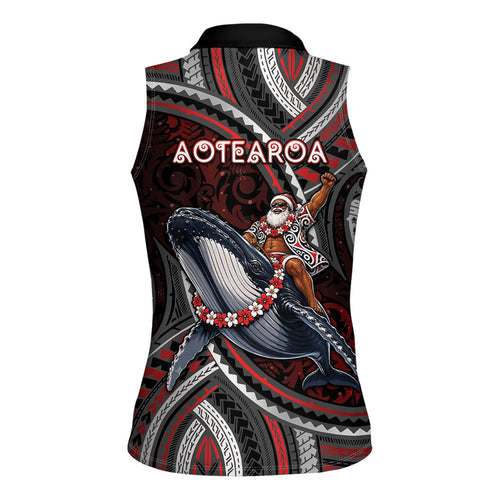 Aotearoa Christmas Women Sleeveless Polo Shirt Santa Riding Humpback Whale Maori Koru