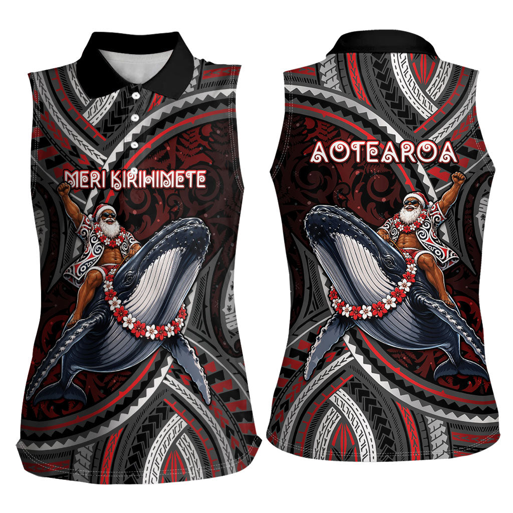 Aotearoa Christmas Women Sleeveless Polo Shirt Santa Riding Humpback Whale Maori Koru