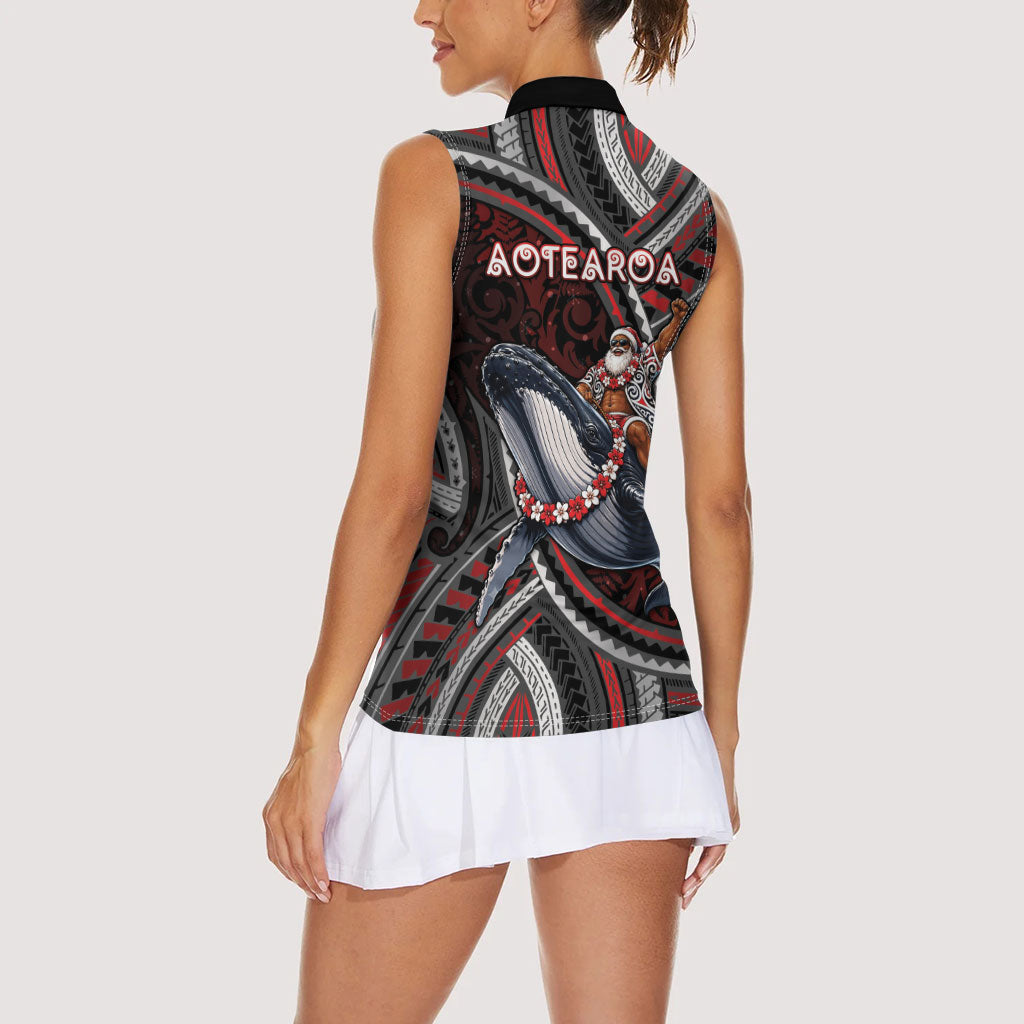 Aotearoa Christmas Women Sleeveless Polo Shirt Santa Riding Humpback Whale Maori Koru