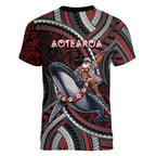 Aotearoa Christmas Women V-Neck T-Shirt Santa Riding Humpback Whale Maori Koru