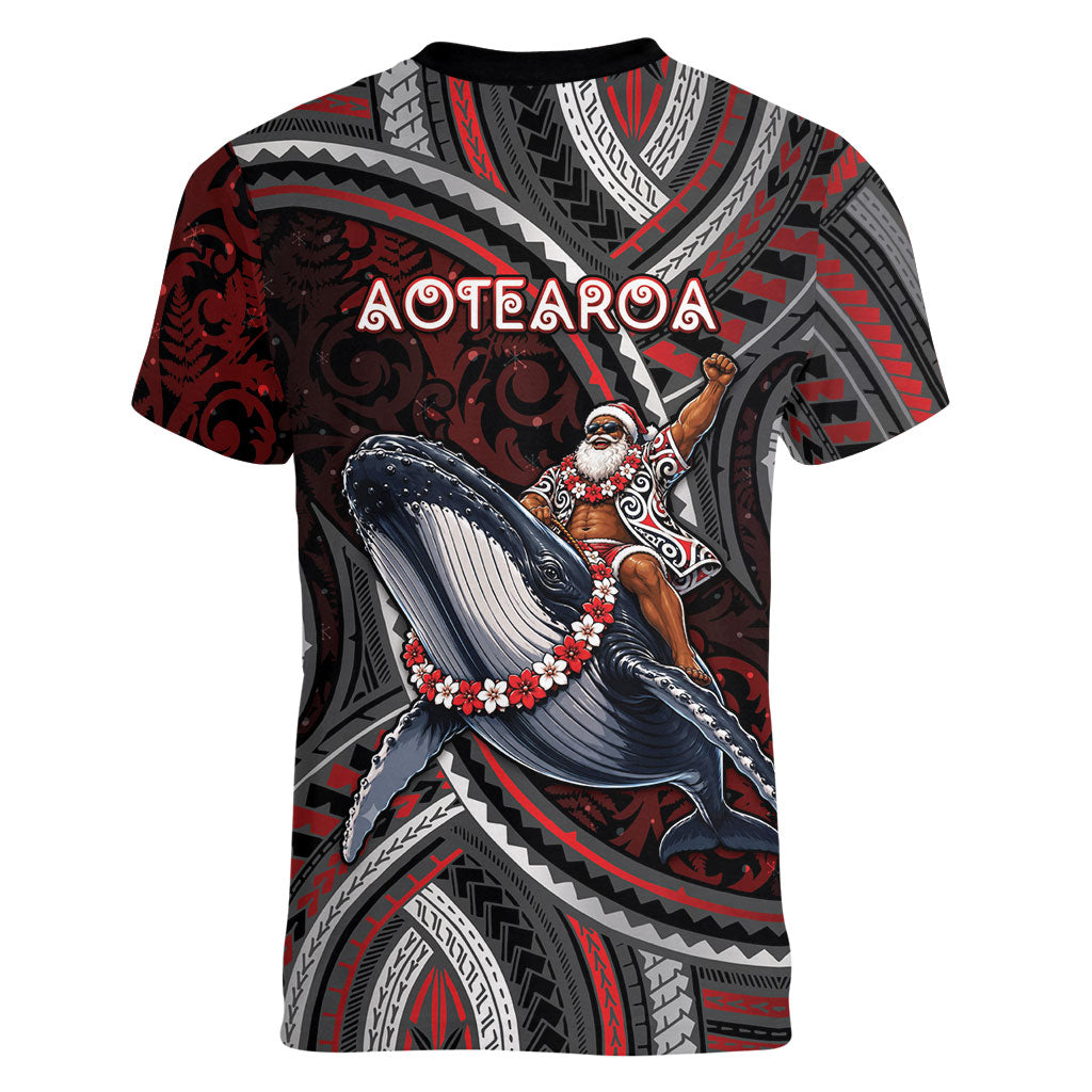 Aotearoa Christmas Women V-Neck T-Shirt Santa Riding Humpback Whale Maori Koru