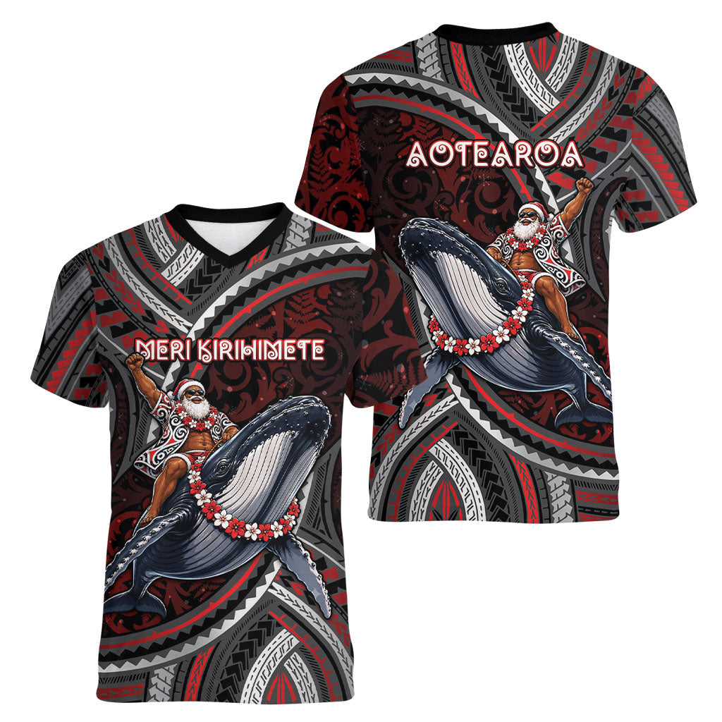 Aotearoa Christmas Women V-Neck T-Shirt Santa Riding Humpback Whale Maori Koru
