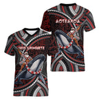 Aotearoa Christmas Women V-Neck T-Shirt Santa Riding Humpback Whale Maori Koru