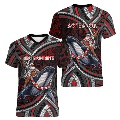 Aotearoa Christmas Women V-Neck T-Shirt Santa Riding Humpback Whale Maori Koru