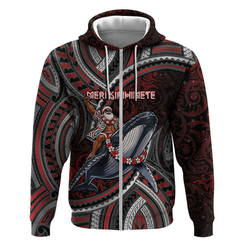 Aotearoa Christmas Zip Hoodie Santa Riding Humpback Whale Maori Koru