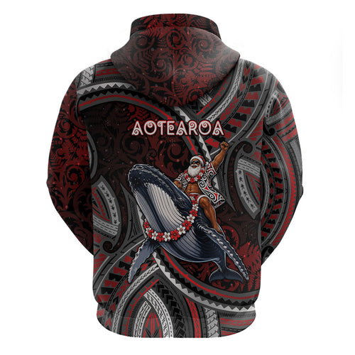 Aotearoa Christmas Zip Hoodie Santa Riding Humpback Whale Maori Koru