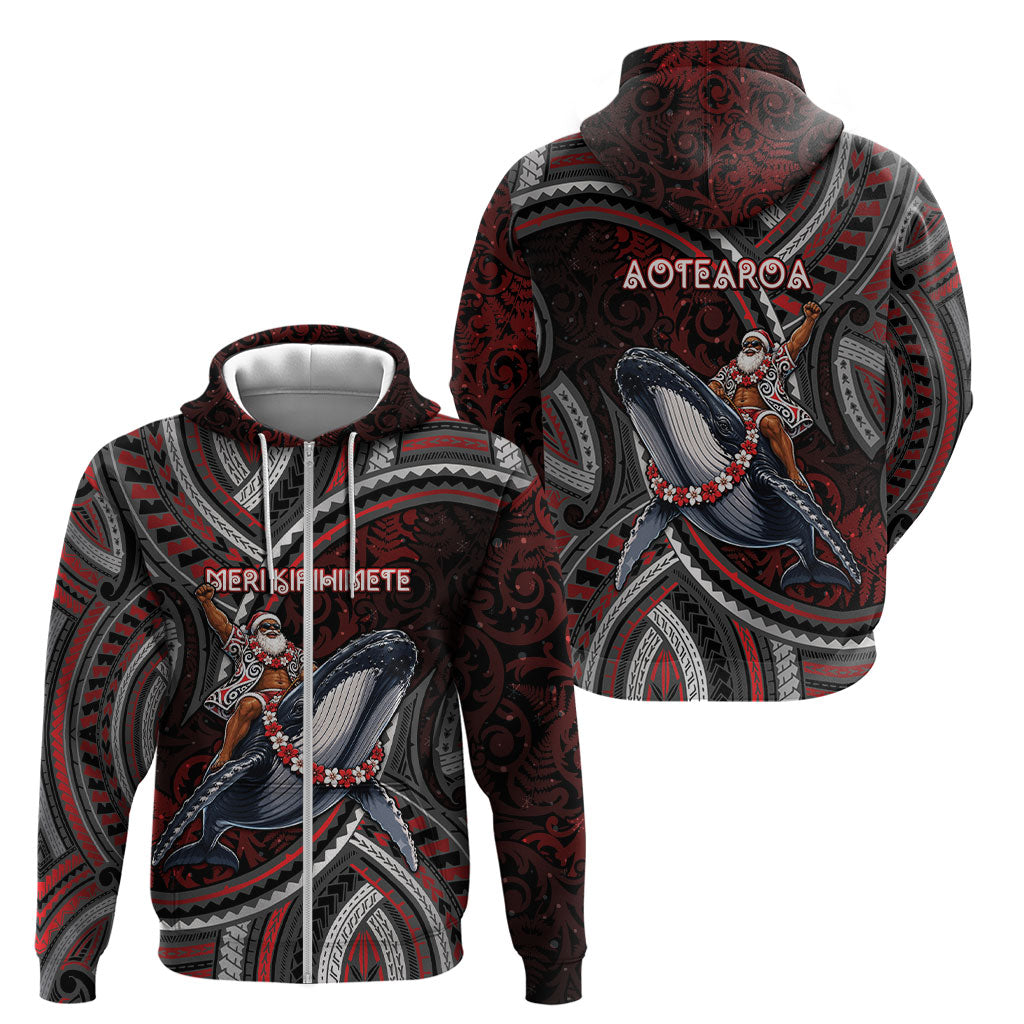 Aotearoa Christmas Zip Hoodie Santa Riding Humpback Whale Maori Koru